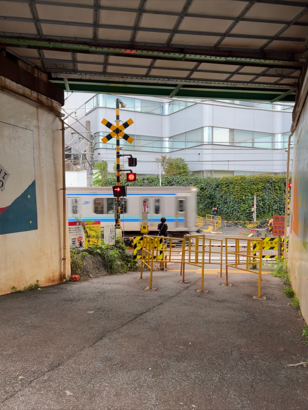 踏切のある路地を電車が通り過ぎる様子