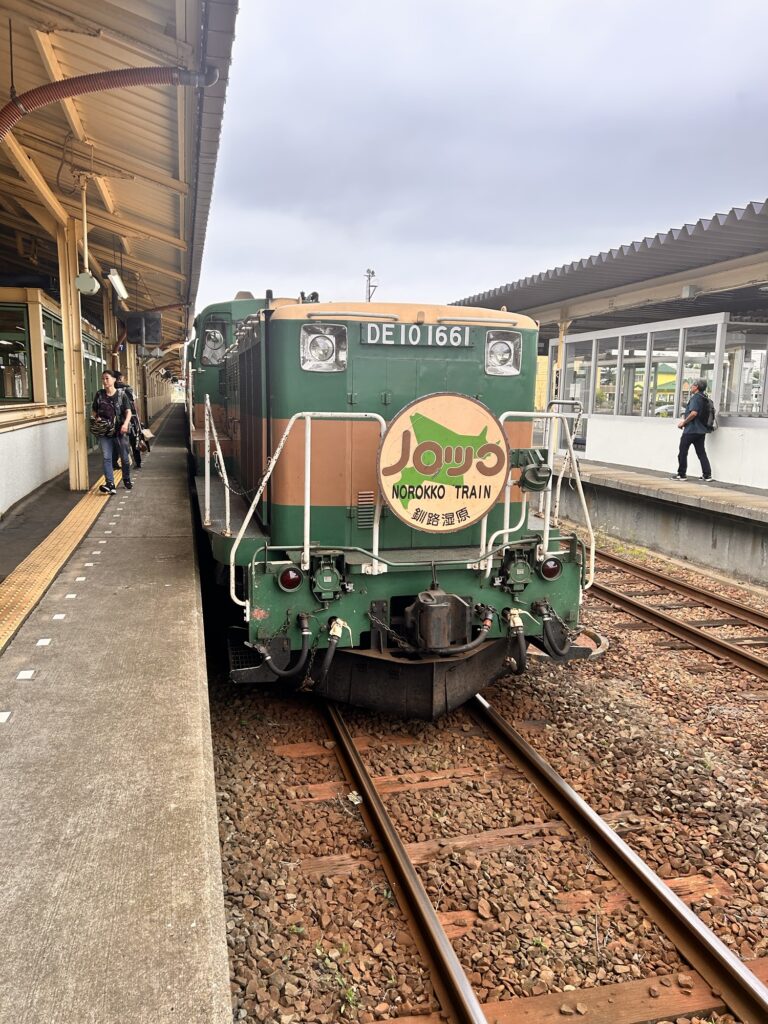 駅のホームに停まるノロッコ号の機関車