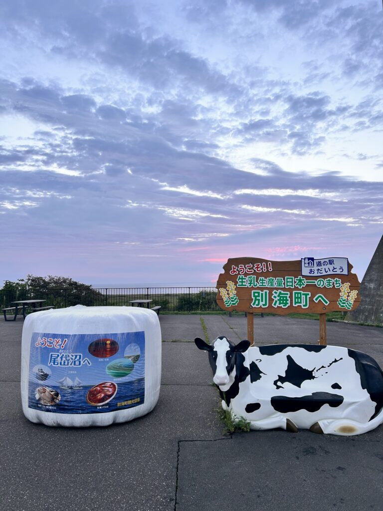 朝焼けの空と牛のオブジェ