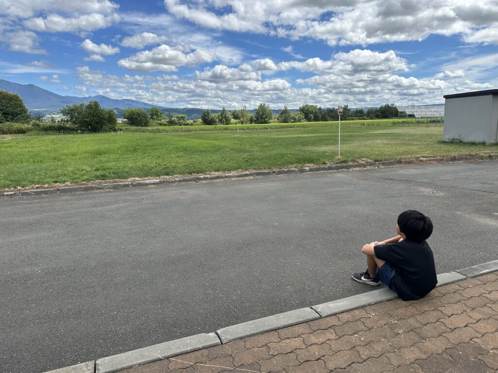 芝生の広場でひとり座って景色を眺める子どもの後ろ姿