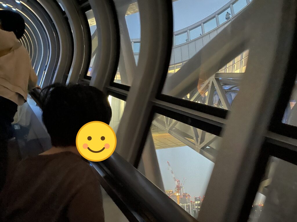 空中庭園へ向かうチューブ状のエスカレーター