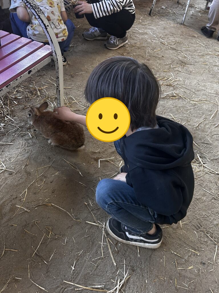 ウサギをなでる子ども